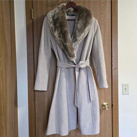 Lauren Ralph Lauren Wool Blend Faux Fur Collar A-Line Belted Coat - Picture 2 of 15